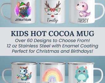 Personalized Christmas Enamel Camping Mug: Reindeer, Snowman, Animals