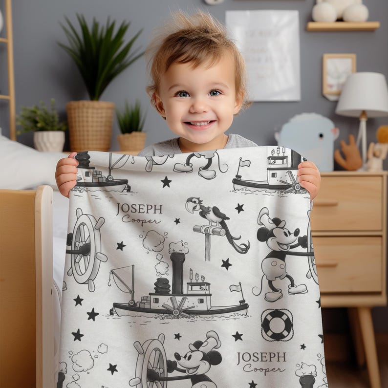 Personalized Vintage Steamboat Willie Mickey Mouse Inspired Baby Blanket Custom Name Baby Blanket Black & White Nursery Blanket Shower Gift image 9
