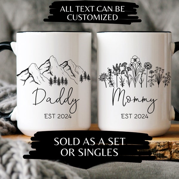 New Daddy and New Mommy Coffee Mug Mountains and Flowers Gift Set Nature Gift for New Parents Parent to Be Mugs Soon to Be Parents New Baby