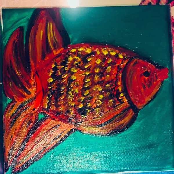 Fish painting, colourful fish, original painting, small canvas, handmade gift, gold fish, beautiful painting, collectible art