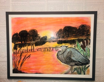 Heron bird large painting in pastel, professionally framed and mounted picture,original artwork, handmade art, framed artwork, home decor