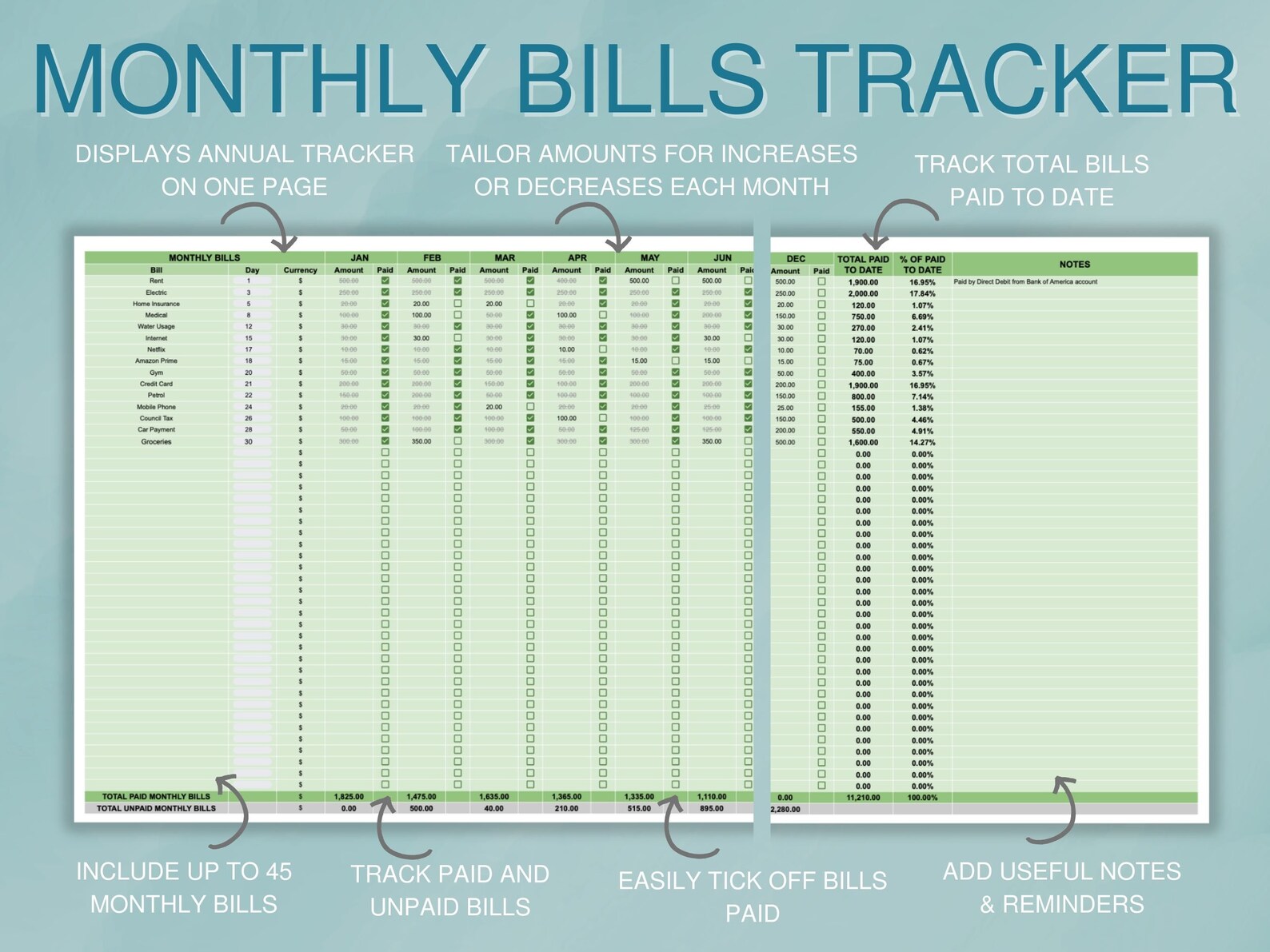 Bill Tracker Template Google Sheets, Annual Bill Payment Spreadsheet ...