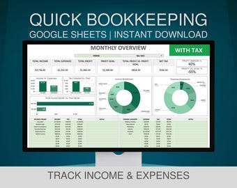 Bookkeeping Template Google Sheets, Small Business Bookkeeping Spreadsheet, Tax Income & Expense Tracker, Finance Planner Digital Download