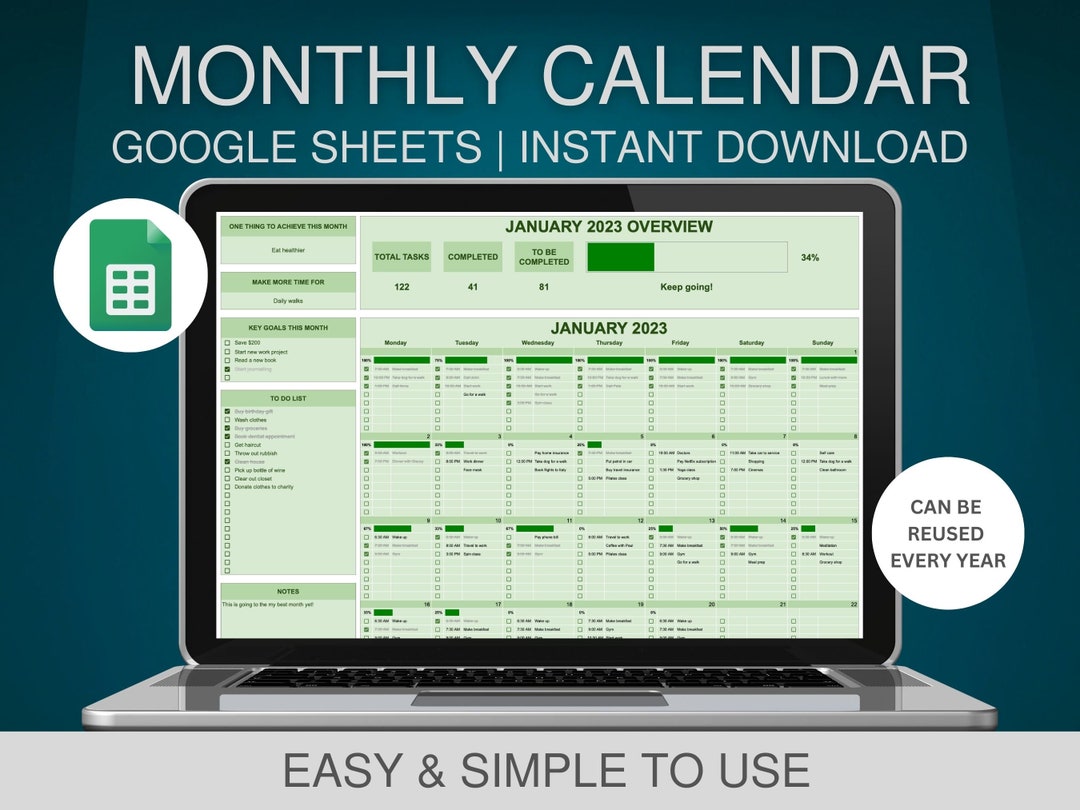 Undated Monthly Calendar Google Sheets, Daily Task Planner Spreadsheet