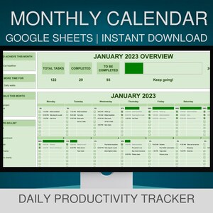 Undated Monthly Calendar Google Sheets, Daily Task Planner Spreadsheet, Digital Productivity Planner, Goal Tracker Custom Organizer Template