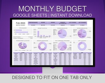 May include: A purple and white Google Sheets spreadsheet template for a monthly budget. The spreadsheet includes sections for starting balance, income, savings, payments, left to spend, left to budget, total balance, budget vs actual, income breakdown, savings breakdown, income spend allocation, spending breakdown, top 10 spending categories, and left to budget. The spreadsheet also includes charts and graphs to visualize the data.