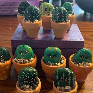 Tiny potted painted stone cactus, hand painted cacti, desk pet, pet cactus, painted stones, painted cactuses