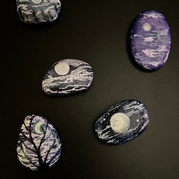 Hand painted stones, painted rocks, glow in the dark rocks, night sky, moon rocks, rock garden