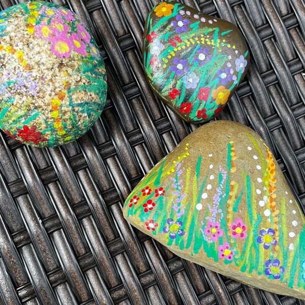Hand painted floral stones, flower gardens, garden stone, painted rock, rock art, rock garden