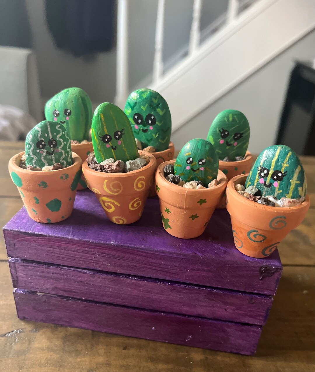 Tiny Potted Cactus Painted Stone Desk Decor, Windowsill Plant, Desk Pet