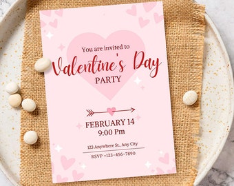 Valentine Party Invitation, Valentine's Day Editable Invite, Instant Download Template, Digital Party Evite, Printable Pink Red Hearts Love