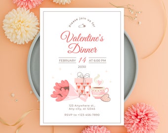 Valentine Party Dinner Invitation, Valentine's Day Editable Invite, Instant Download Template, Digital Printable Pink Hearts Party Evite