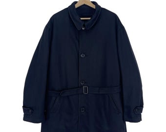 Impresionante abrigo negro vintage Yohji Yamamoto con botones y cinturón para hombre, talla 4, fabricado en Japón.