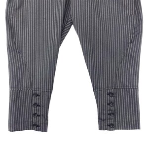 May include: Gray striped pants with black buttons on the cuffs.