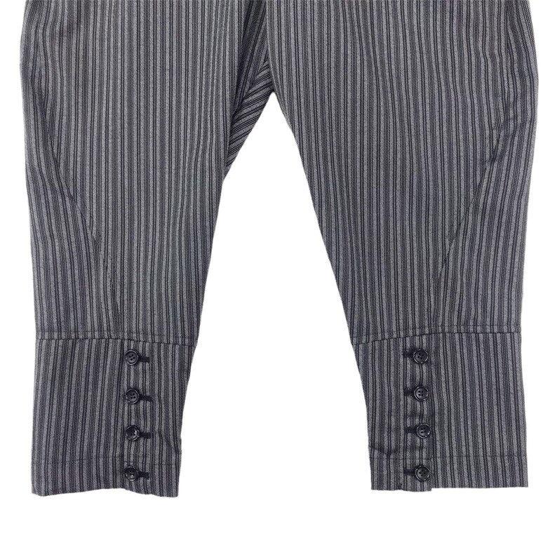 May include: Gray striped pants with black buttons on the cuffs.