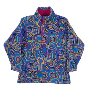 Vintage Patagonia Fleece Art Multicolour Snap Button Pullover Fleece Size Small Made In USA
