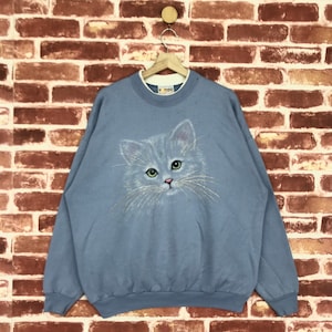 ヴィンテージ 90 年代 かわいい猫 スウェットシャツ クルーネック ビッグロゴ アート 猫 朝日 ジャンパー プルオーバー スウェットシャツ サイズ XL