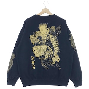 Vintage Kamikiri Sukajan Sweatshirt Großes Logo Schwarz Gold Drachen / Samurai / Koi Fisch Japan Sweatshirt Größe L