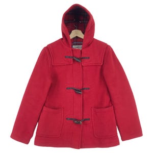 Vintage 80’s Duffle Coat Tartan London Tradition Hoodie Jacket Toggle Button Red Wool Duffle Jacket Size Medium Made In England