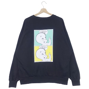 以下が含まれることがあります： 漫画風のキャスパー・ザ・フレンドリー・ゴーストのイラストが描かれた黒いスウェットシャツ。グラフィックにはテキストバブルが含まれています。スウェットシャツは長袖で、クルーネックです。