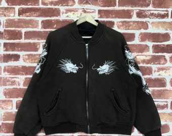 Vintage Dragon Sukajan Cotton Bomber Jacket sun Faded Embroidered Dragon Zipper Jacket Size Medium