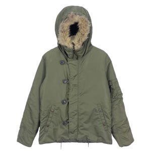 May include: A green hooded jacket with a fur-lined hood and multiple button closures. The jacket has a zipper closure and a pocket on the left sleeve.