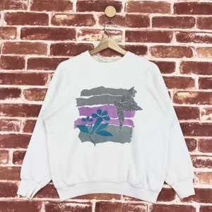Vintage 80’s Art Flower Birds Sweatshirt Crewneck Big Logo Art Design Jumper Pullover Sweatshirt Size Medium Made In USA