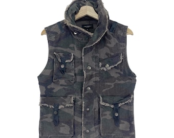 Vintage Bub Johnny Camouflage Vest Hoodie Multi Pocket Snap Button/Zipper Military Hunting Vest Jacket Size Medium