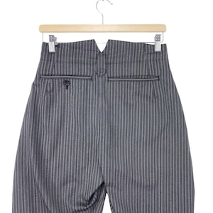 May include: Gray striped pants with a back pocket and a V-shaped opening at the top of the waistband.