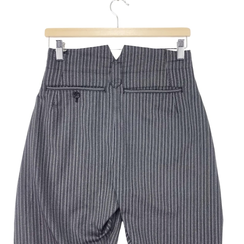 May include: Gray striped pants with a back pocket and a V-shaped opening at the top of the waistband.