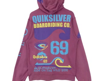 Vintage Quiksilver Hoodie Sweatshirt Over Logo Surfboard Surfwear Zipper Sweatshirt Size Medium