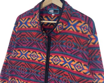 【U LAN】Ethnic Pattern Fleece Two-Way Zip-Up Vintage 90's Patina Club Fleece Jacket Zipper Art/navajo