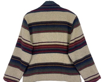 Vintage 80's Woolrich Cream Stripe Multicolour Wool Jacket Button
