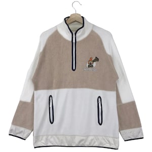 Vintage Castelbajac Fleece Half Zip Embroidered Logo Teddy Bear Brown White Pullover Fleece Size Medium