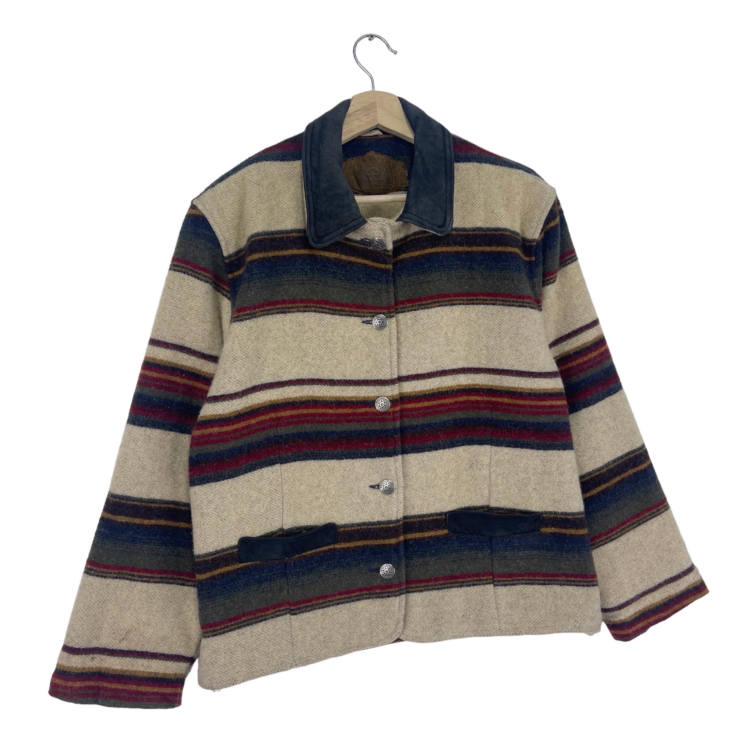 Vintage 80's Woolrich Cream Stripe Multicolour Wool Jacket Button