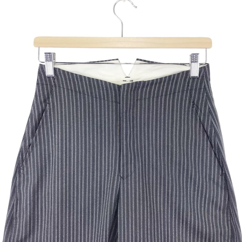 May include: Gray and white striped pants with a wide leg and a V-shaped waistband.