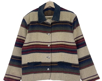 Vintage 80er Woolrich Creme Streifen Mehrfarbige Wolljacke Knopf Lederkragen Southwest Jacke Größe S Made In USA