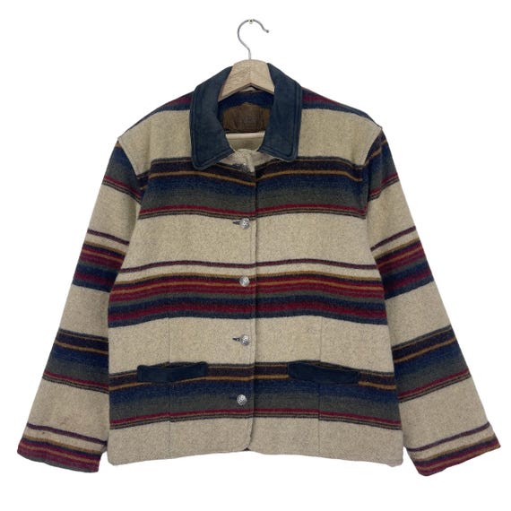 Vintage 80's Woolrich Cream Stripe Multicolour Wool Jacket Button