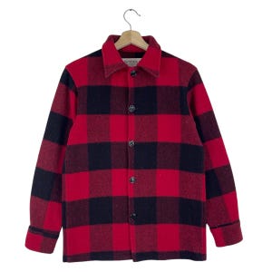 Vintage 1960s Bermidji Woolen Buffalo Plaid Jacket Button Tartan Blend Wool Flannel Jacket Size Small Made In USA