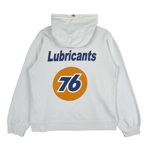 May include: White hooded sweatshirt featuring the word "Lubricants" in blue above a circular orange graphic with the number "76" in blue. The sweatshirt has a drawstring hood and long sleeves.