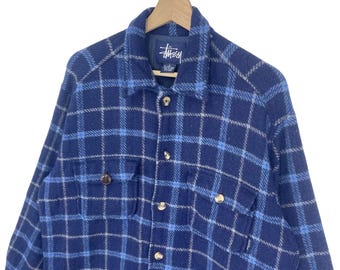 Vintage Stussy Flannel Wool Jacket Button Check Plaid Patch Pocket