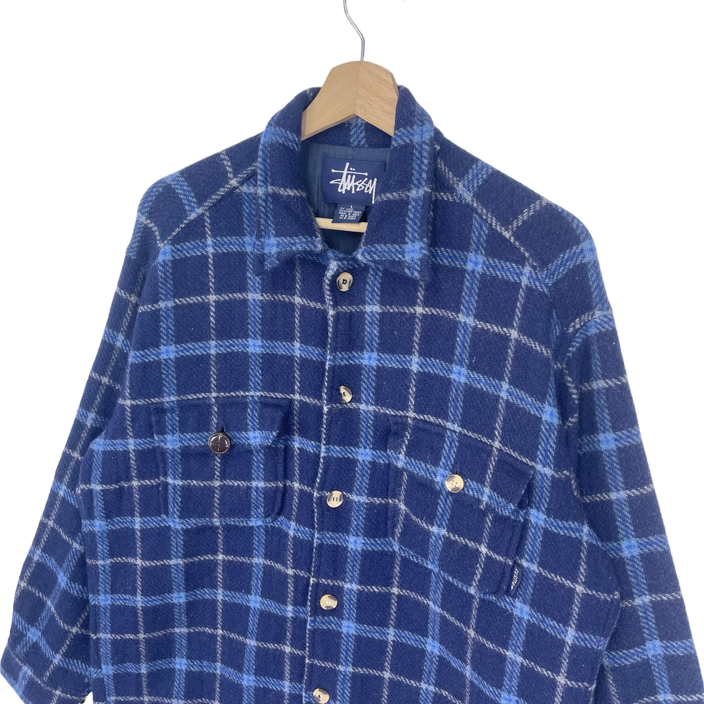 Vintage Stussy Flannel Wool Jacket Button Check Plaid Patch Pocket Vintage Stussy Flannel Wool Jacket Button Check Plaid Patch Pocket