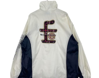 Giacca a vento vintage Santafe anni '90 con cerniera e grande logo ricamato, giacca bianca e nera, taglia XL