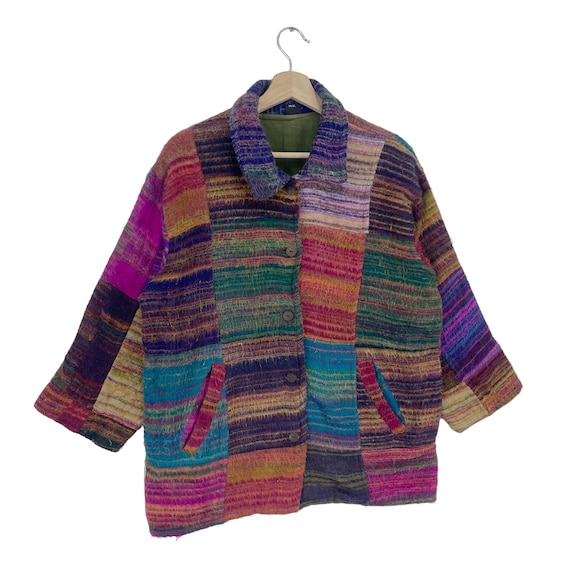Vintage 80’s Mitra Multicolour Patchwork Wool Fla… - image 7
