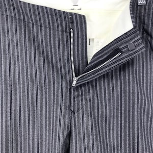 May include: Close-up of a pair of black and white striped pants with a zipper fly.