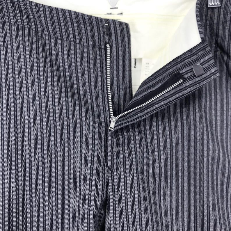 May include: Close-up of a pair of black and white striped pants with a zipper fly.