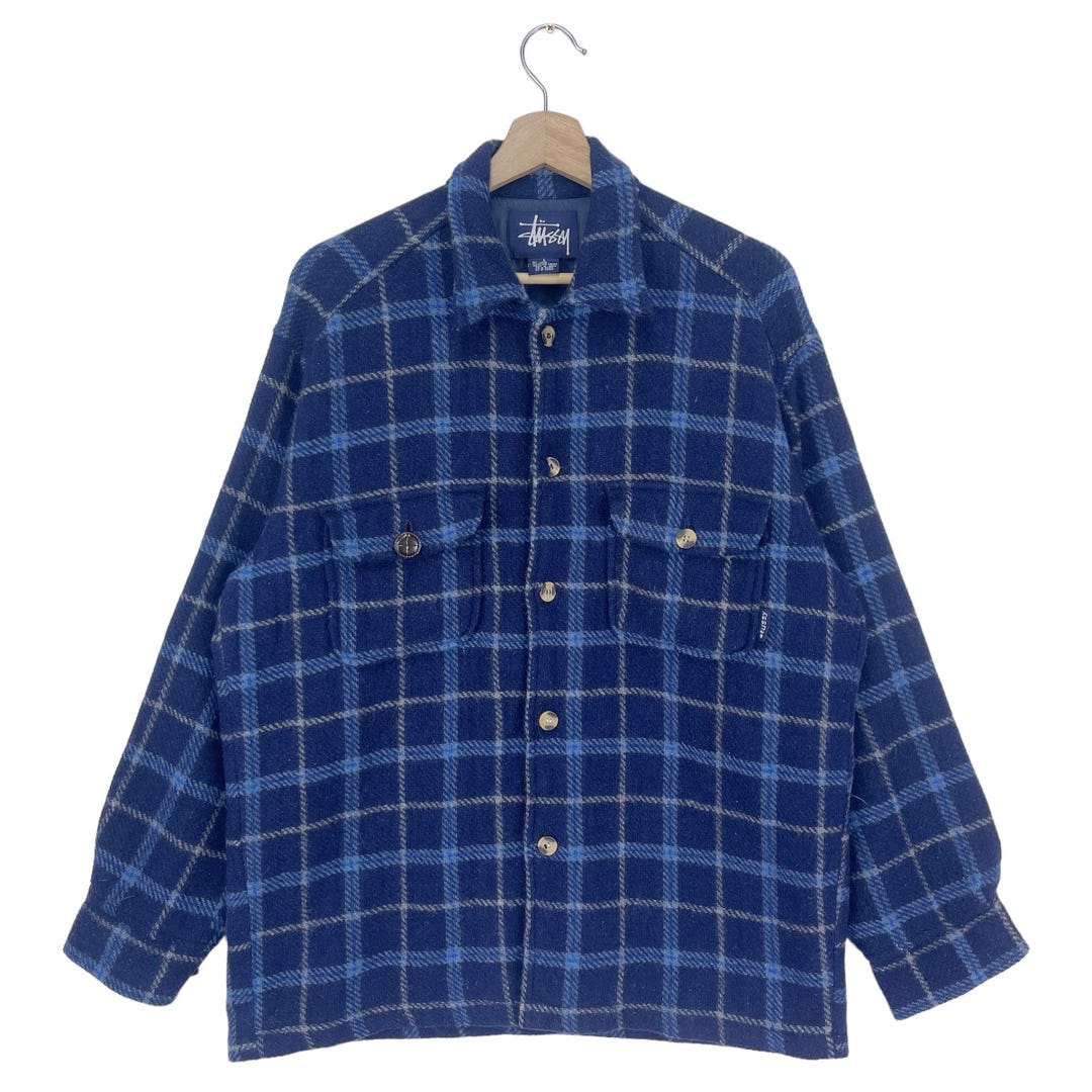 Vintage Stussy Flannel Wool Jacket Button Check Plaid Patch Pocket