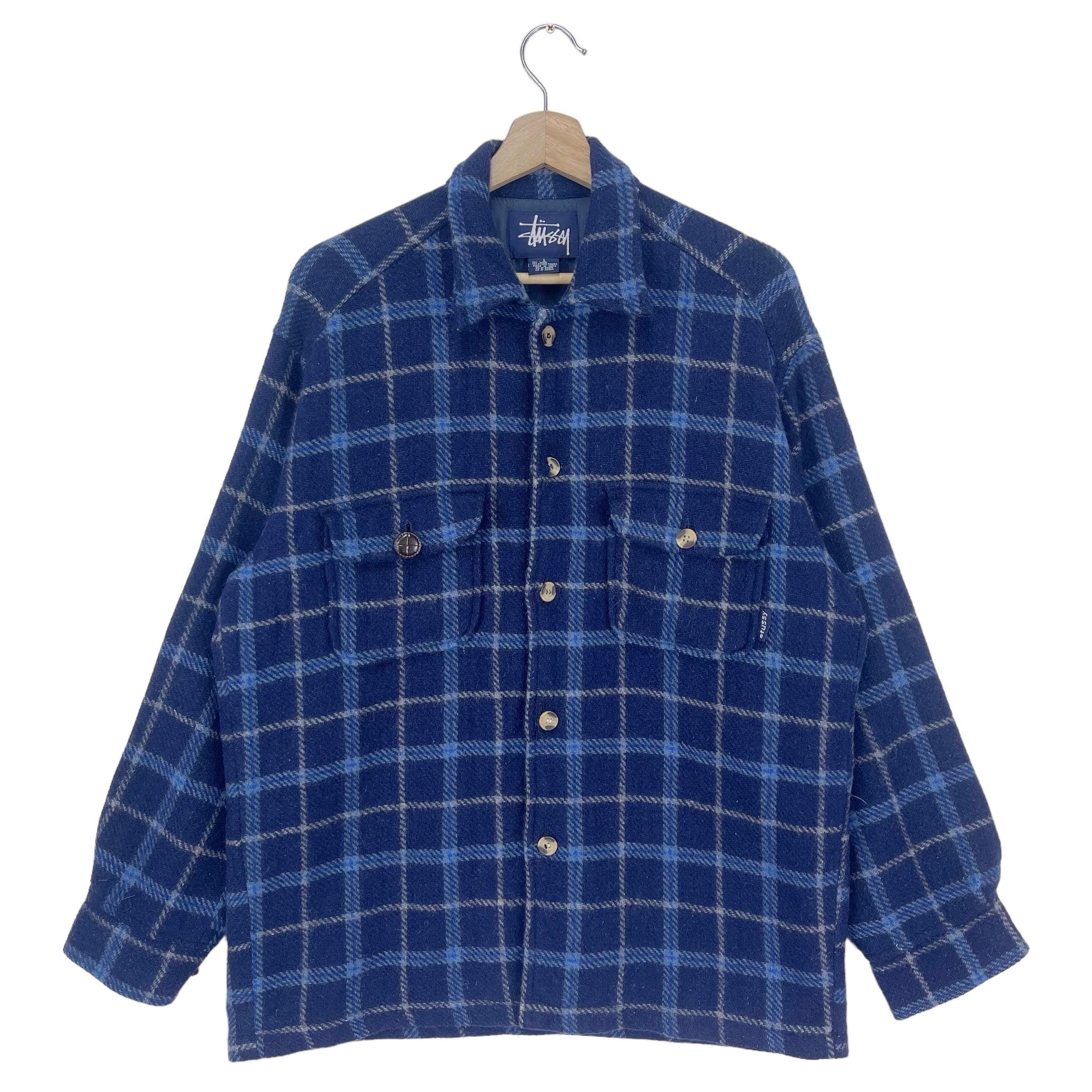 ジャケット・アウター 90s old stussy blue plaid check jacket Vintage Stussy Flannel Wool Jacket Button Check Plaid Patch Pocket