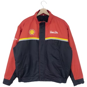 May include: Red and black jacket with a Shell Helix logo. The jacket has a zipper closure and two pockets.