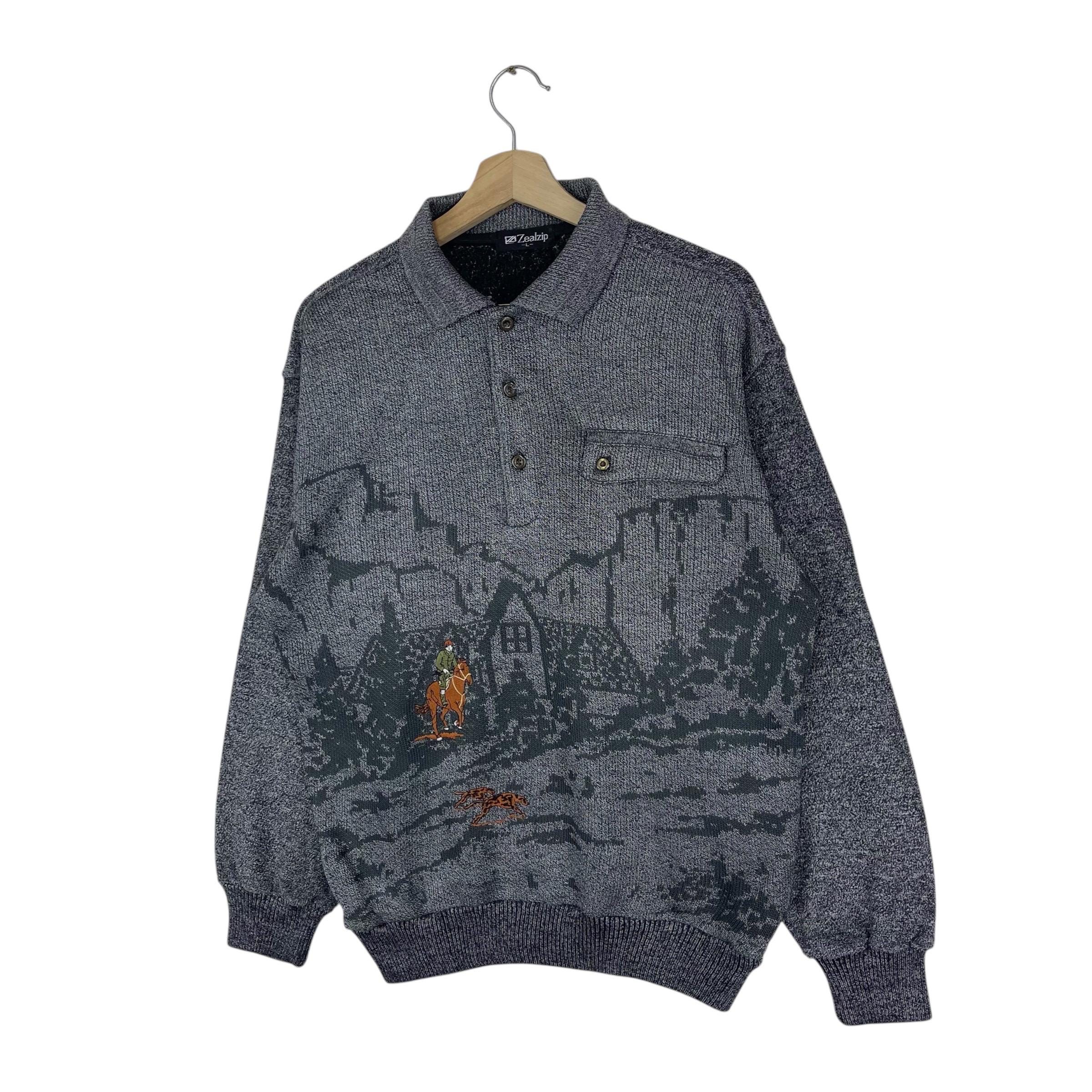 Vintage 90's Knitted Art Sweater Half Button Single Pocket Classic